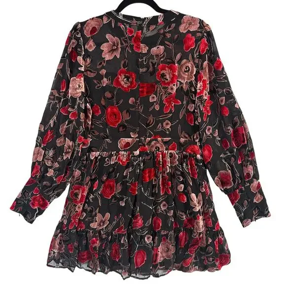 Fate Womens‎ Large Floral Velvet Mini Dress Sheer Romantic Cottagecore - Picture 10 of 13